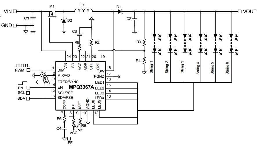 Application Circuit Diagram - Monolithic Power Systems (MPS) MPQ3367A 6-Channel Boost WLED Drivers